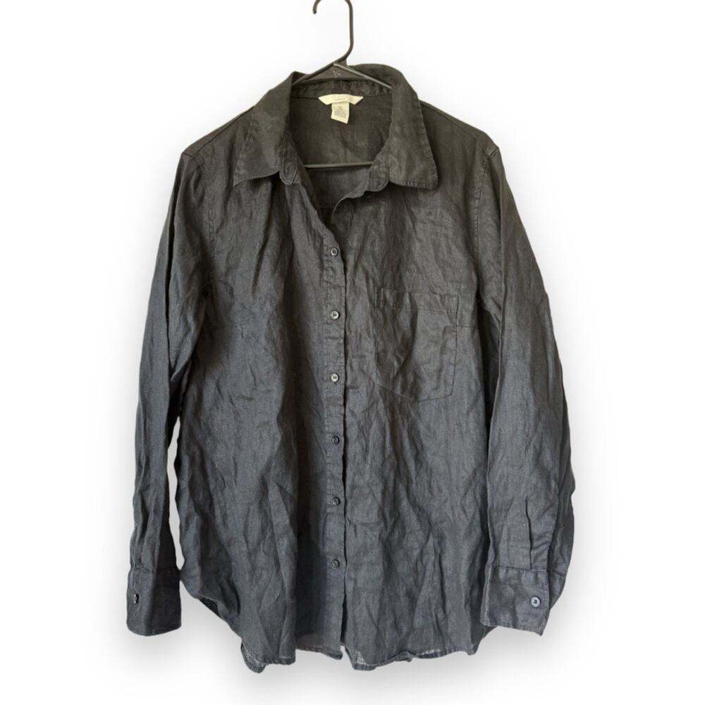 H&M Shirt Women L Button Down Linen Pocket Black Minimalist Relaxed